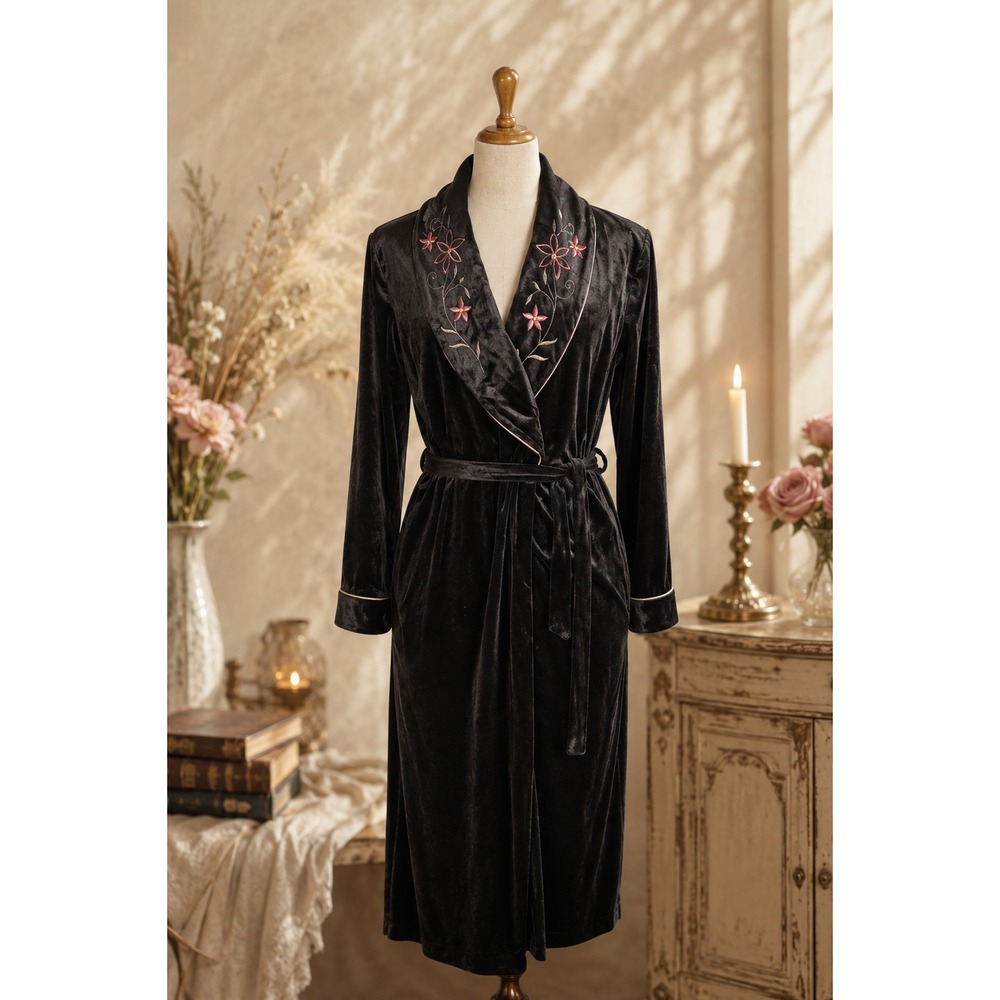Vintage Black Velour Robe Embroidered Floral Shawl Collar Long Housecoat XL